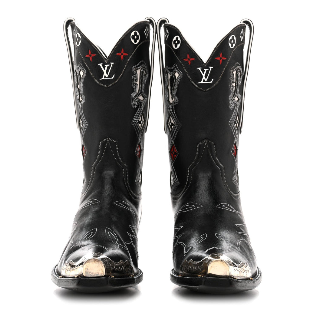 Louis Vuitton Calfskin LV Texan Mens Rider Boots 10.5 Black Silver