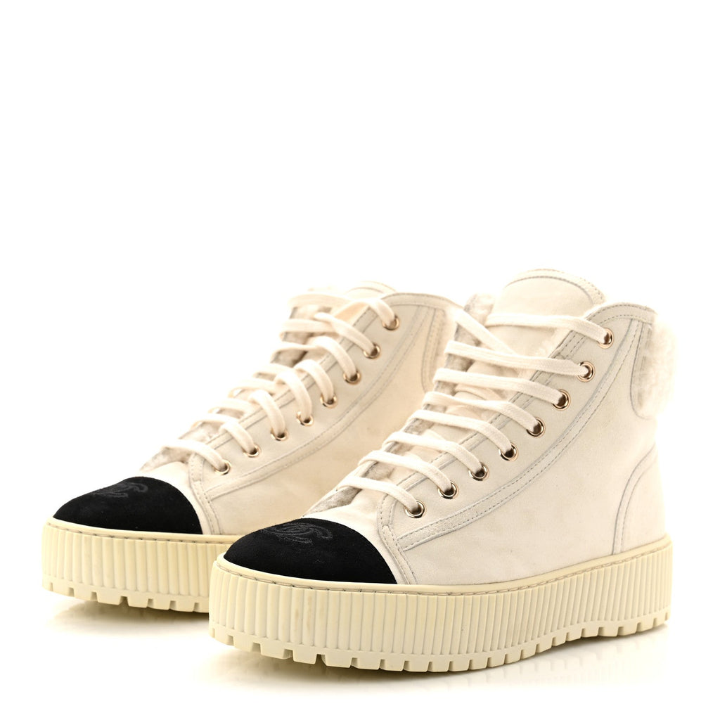 Kid Suede Shearling Sheepskin Lace Up Boots 38 Ivory White Black