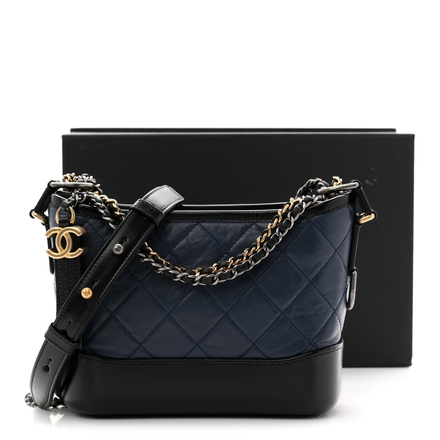 Chanel Aged Calfskin Quilted Small Gabrielle Hobo Navy Black