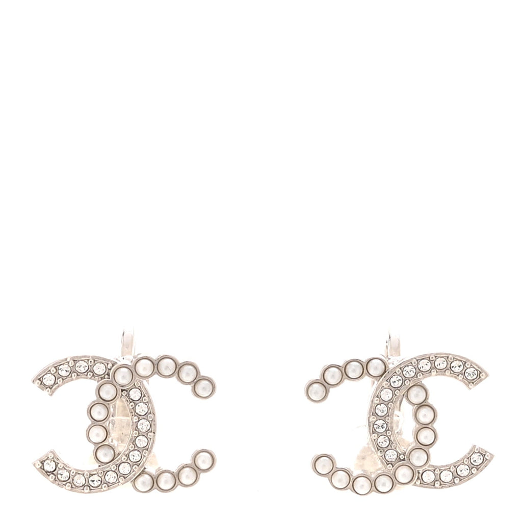 Crystal Pearl CC Clip On Earrings Silver