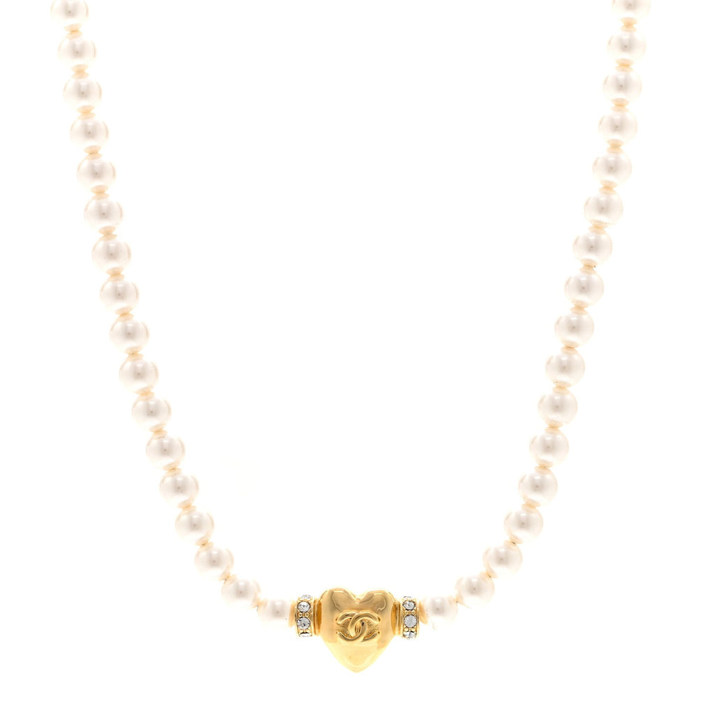 Crystal Pearl CC Heart Choker Necklace Gold