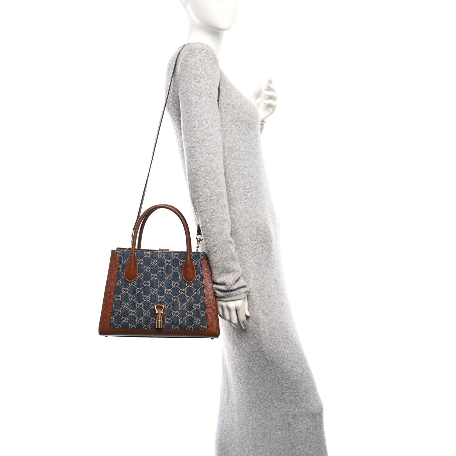 Gucci New Denim GG Monogram Dollar Calfskin Medium Jackie 1961 Tote Blue Tea Cuir Epilog