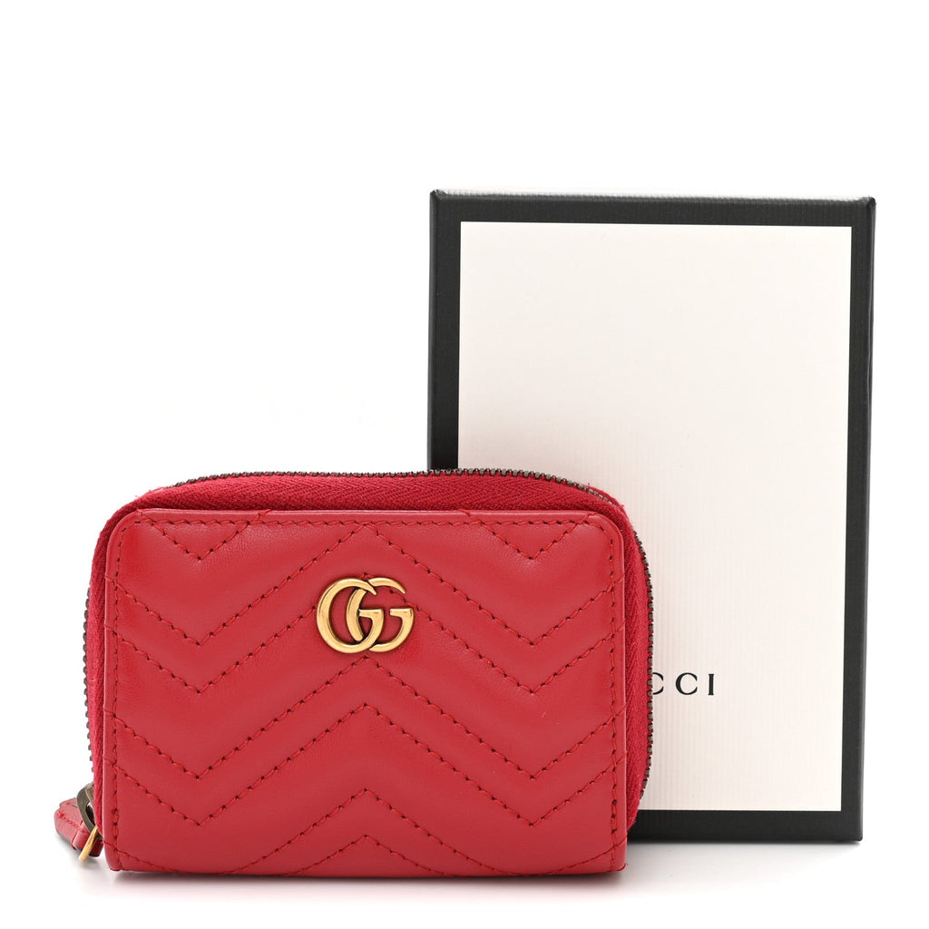 Gucci Calfskin Matelasse GG Marmont Zip Around Card Case Hibiscus Red