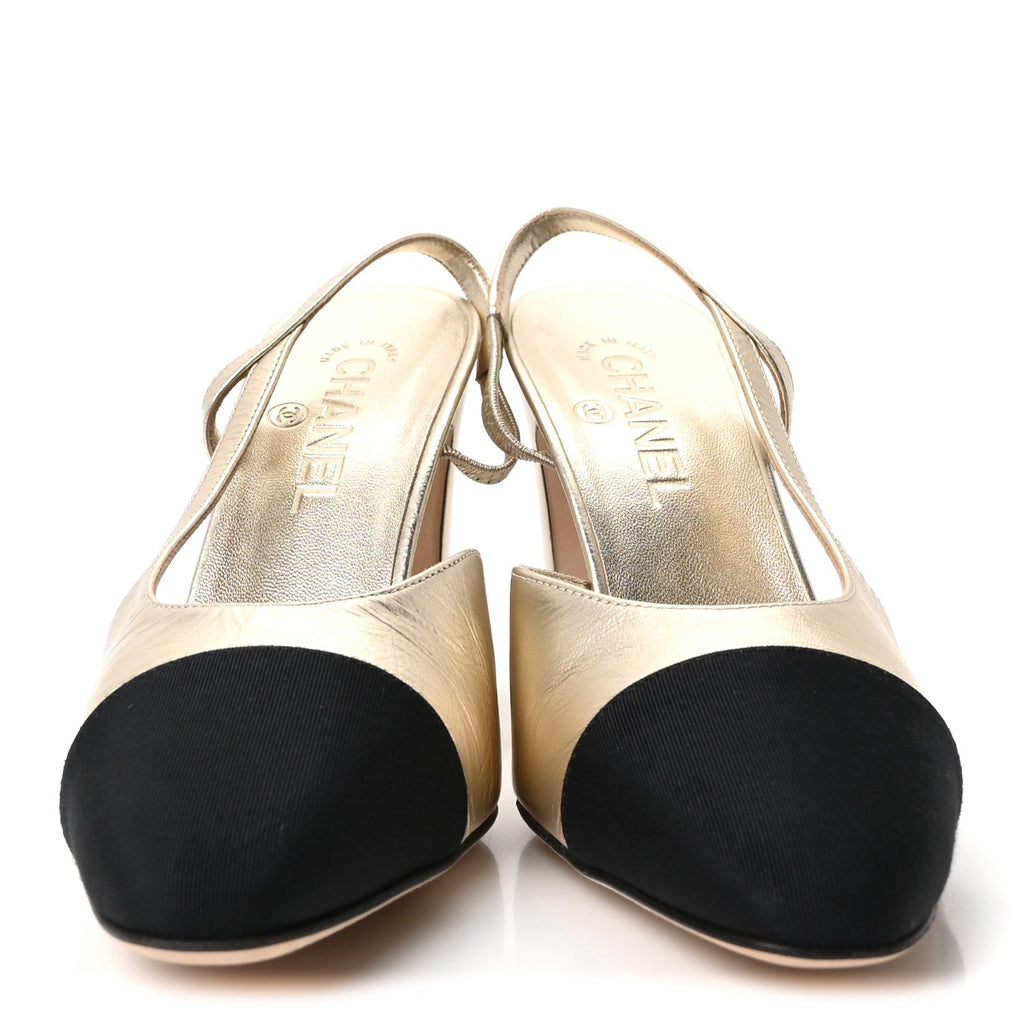 Laminated Crumpled Lambskin Grosgrain Cap Toe CC Slingback Pumps 39.5 Gold Black