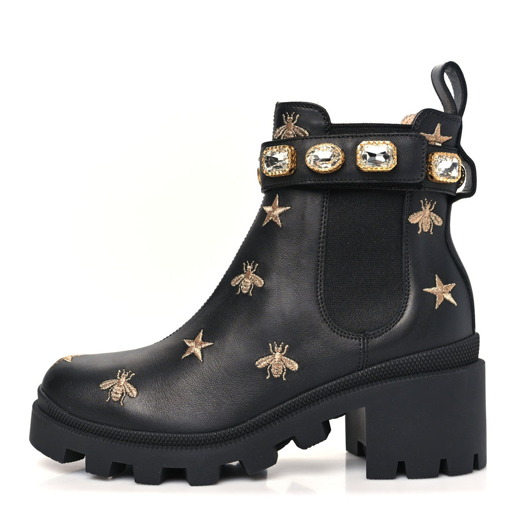 Gucci Calfskin Bee Star Embroidered Belt Ankle Boots 36.5 Black