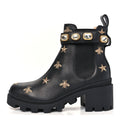 Gucci Calfskin Bee Star Embroidered Belt Ankle Boots 36.5 Black