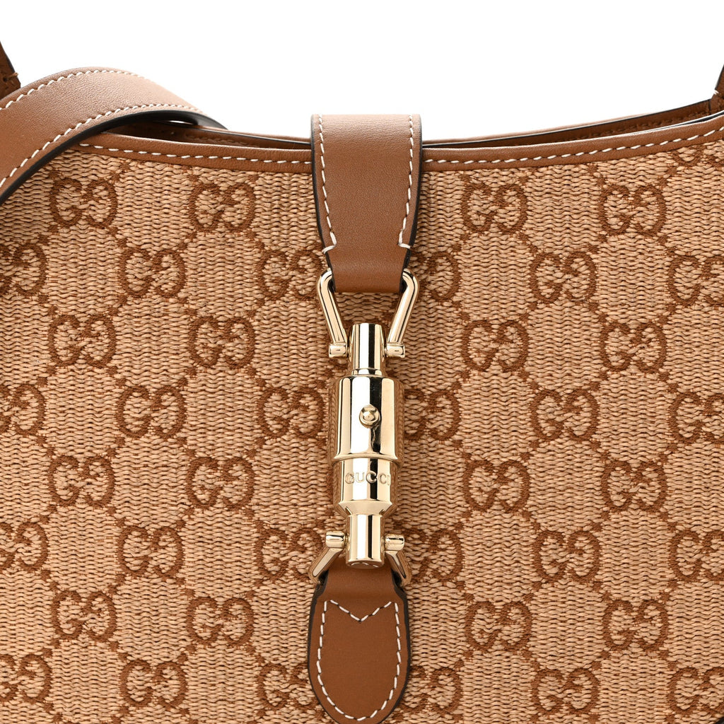 Gucci Raffia GG Supreme Monogram Calfskin Small Jackie 1961 Hobo Natural