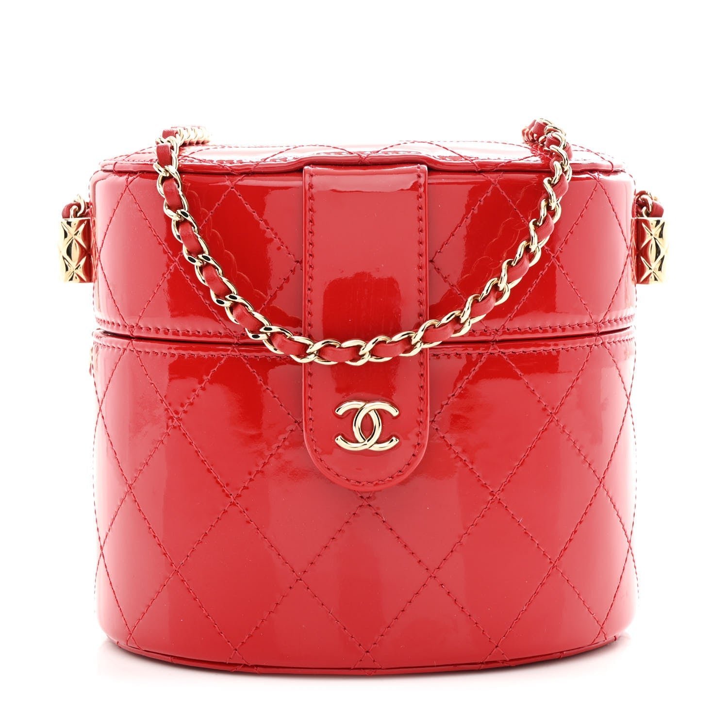 Chanel Patent Quilted Small Round Vanity With Chain Red