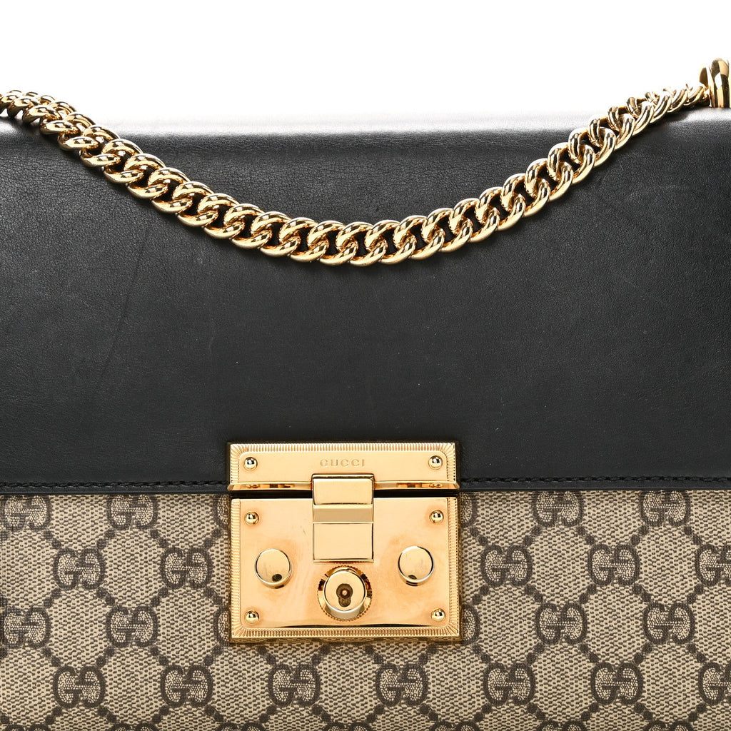 Gucci GG Supreme Monogram Calfskin Medium Padlock Shoulder Bag Beige Black Cuir
