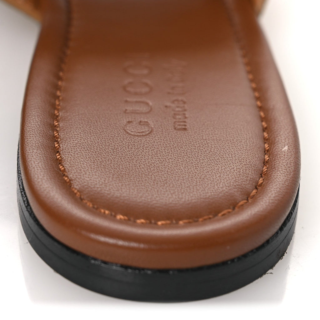 Gucci Calfskin Monogram Horsebit Womens Slide Sandals 37 Beige Ebony Sundial