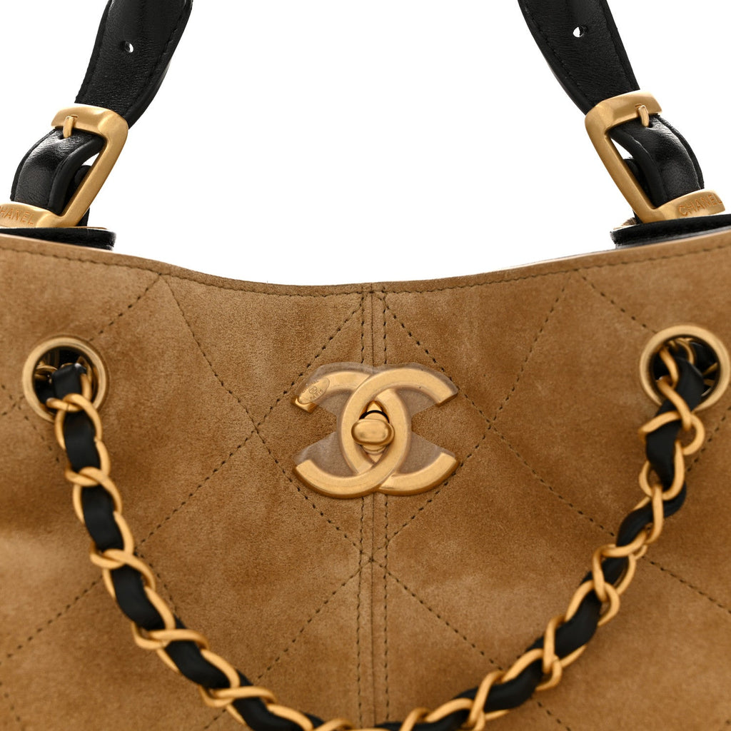 Chanel Suede Calfskin Shiny Lambskin Quilted Coco Base Shopping Bag Beige Black