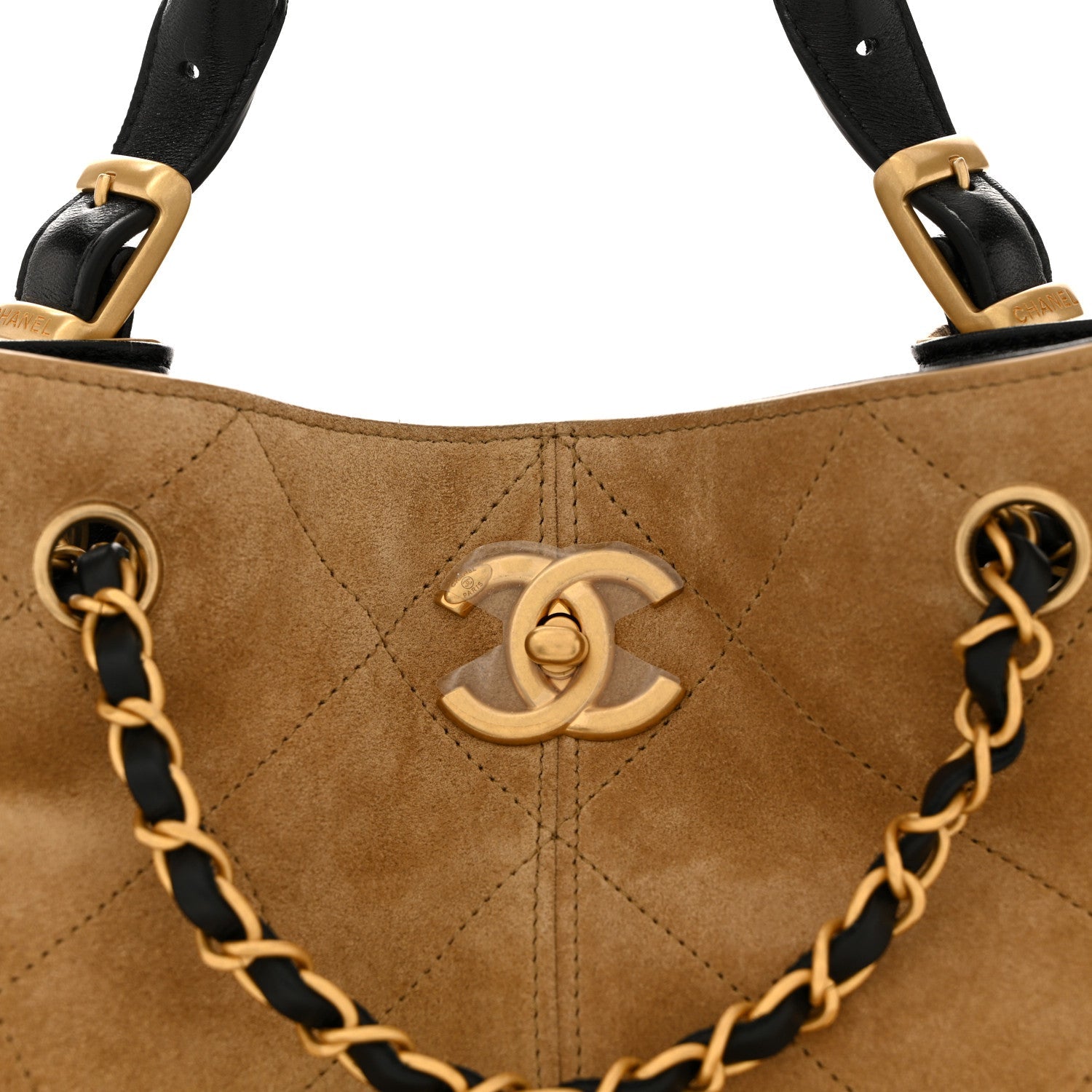 Chanel Suede Calfskin Shiny Lambskin Quilted Coco Base Shopping Bag Beige Black