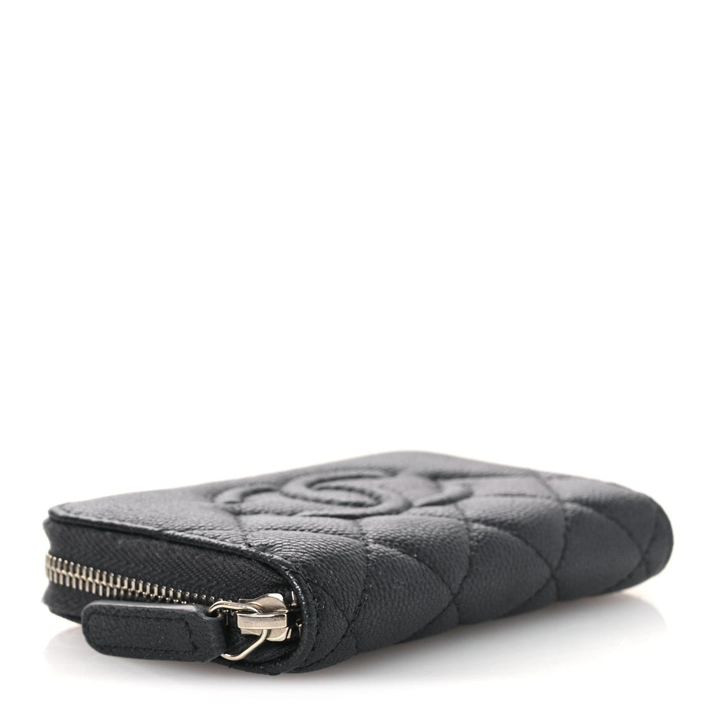 Metallic Caviar Quilted CC Zip Around Coin Purse Wallet Dark Grey