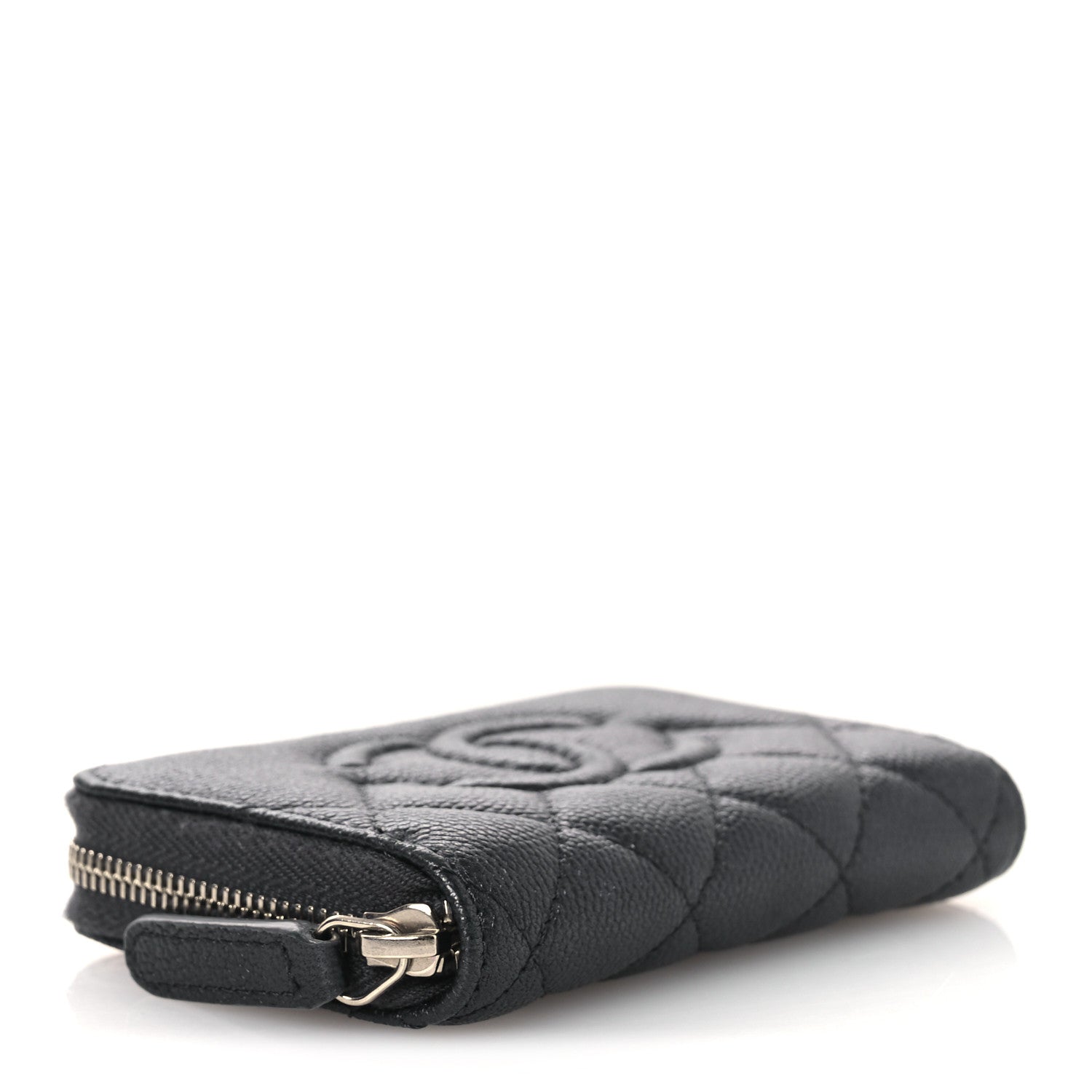 Metallic Caviar Quilted CC Zip Around Coin Purse Wallet Dark Grey