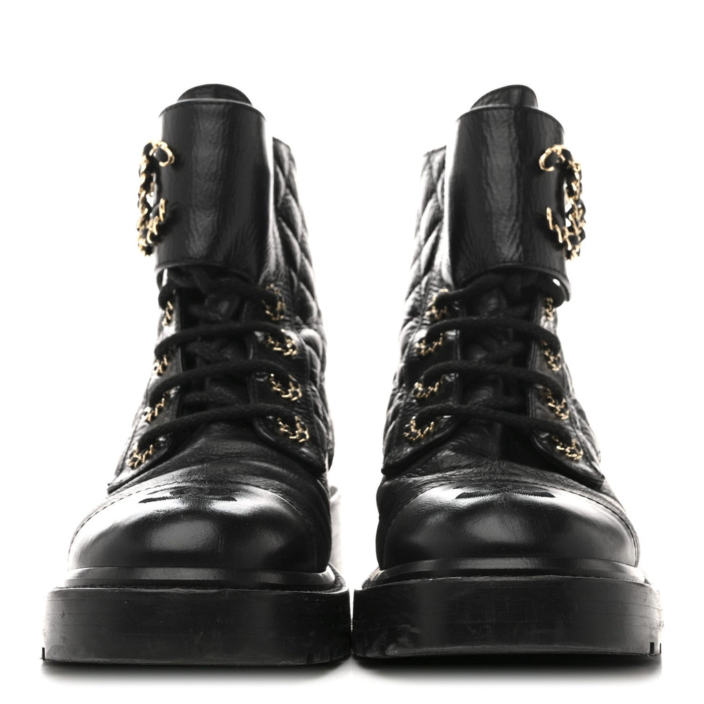 Chanel Shiny Goatskin Calfskin Quilted Lace Up Combat Boots 37 Black