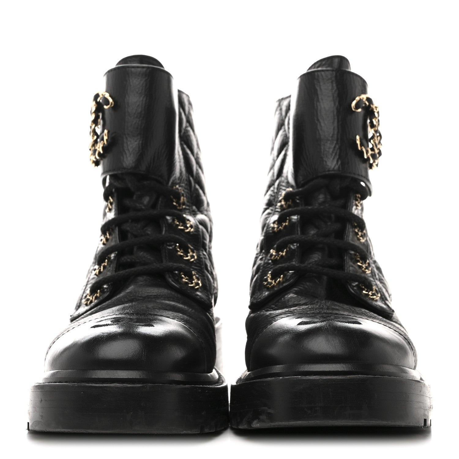 Chanel Shiny Goatskin Calfskin Quilted Lace Up Combat Boots 37 Black
