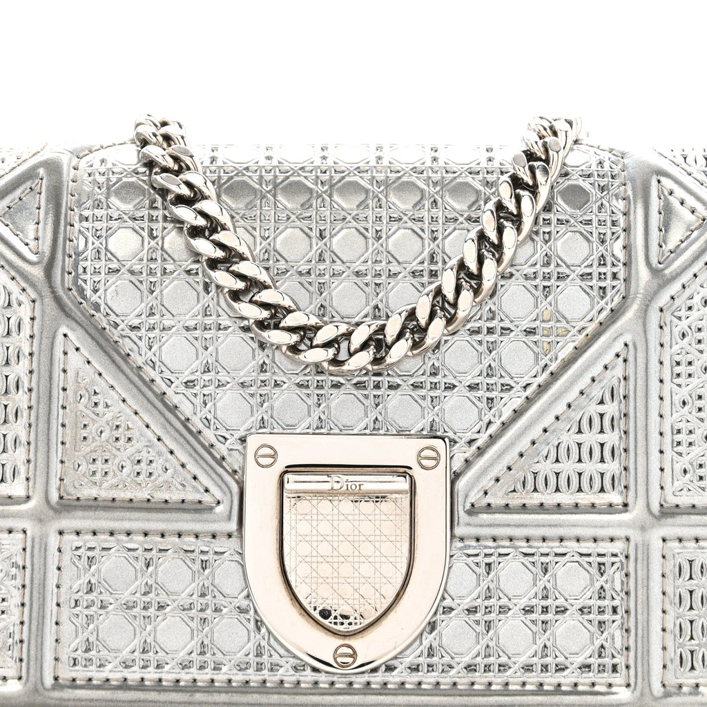 Christian Dior Metallic Patent Micro-Cannage Baby Diorama Flap Bag Silver