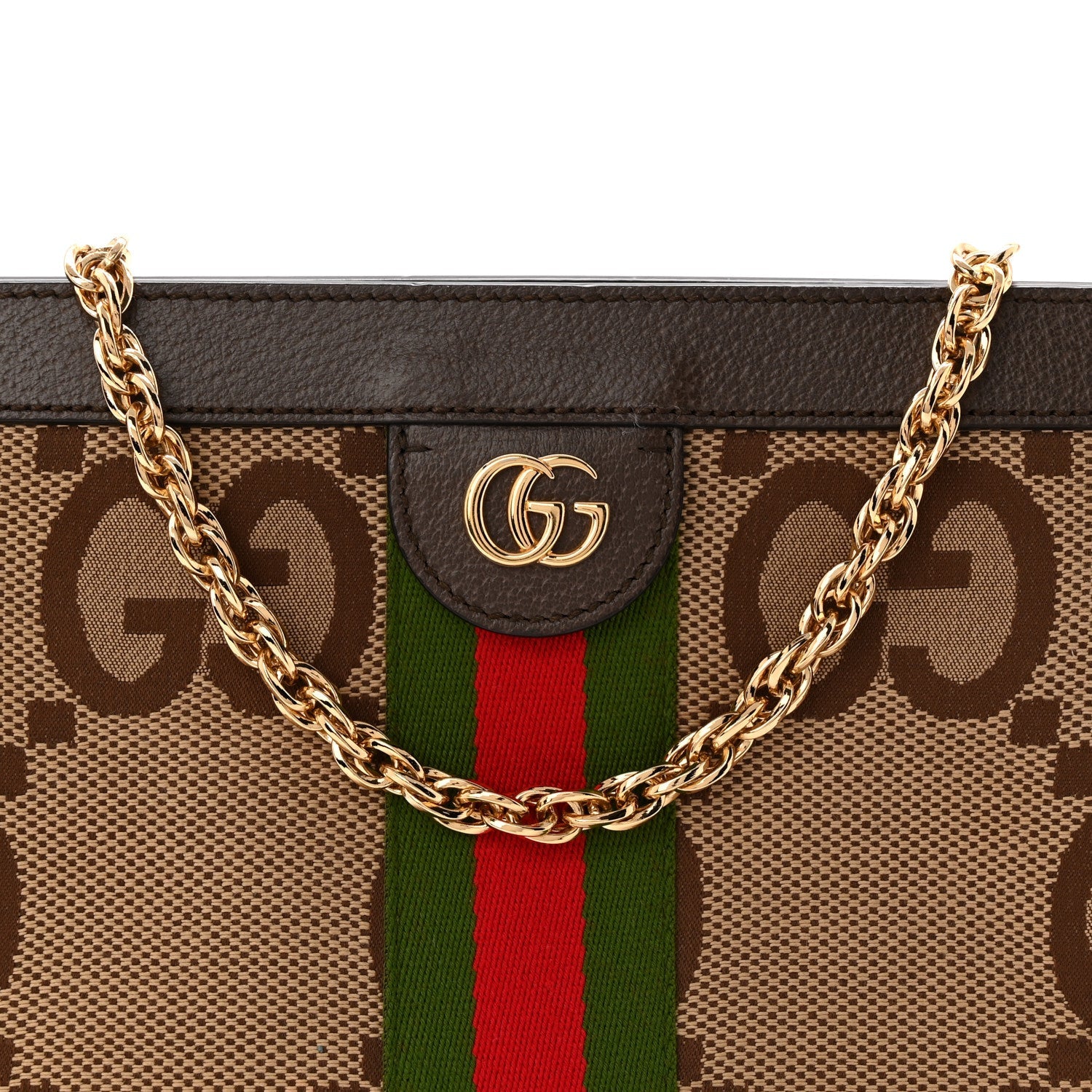 Gucci Monogram Jumbo GG Textured Dollar Calfskin Web Small Ophidia Chain Shoulder Bag Camel Ebony New Acero