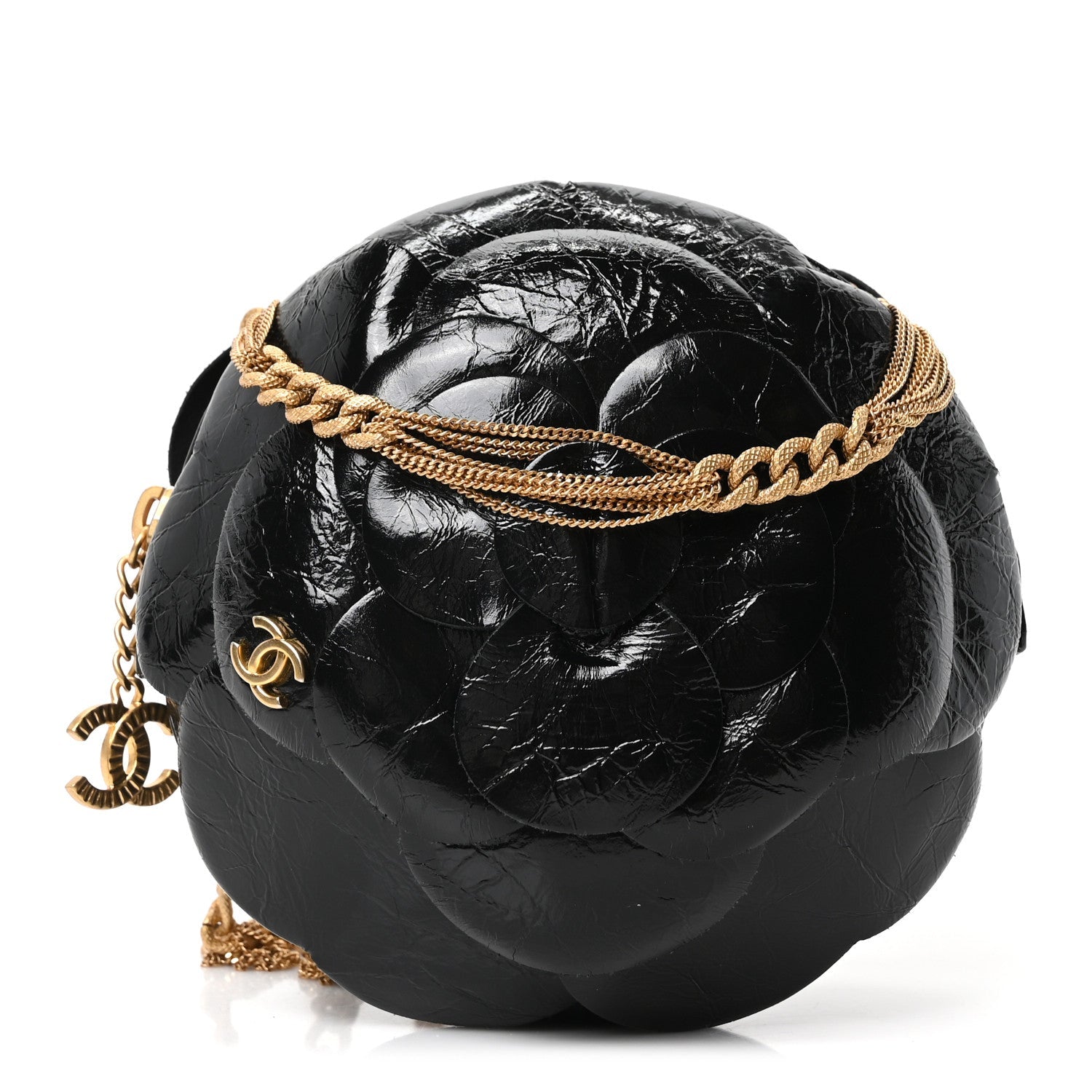 Chanel Patent Lambskin Camellia Bouquet Clutch With Chain Black