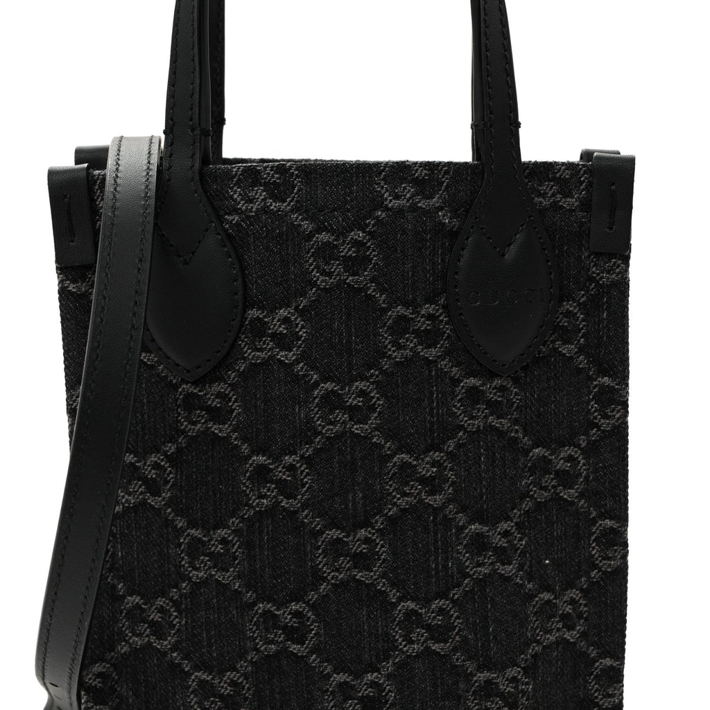 Gucci Denim Cuoio Harness GG Monogram Mini Ophidia Tote Bag Black Medium Grey
