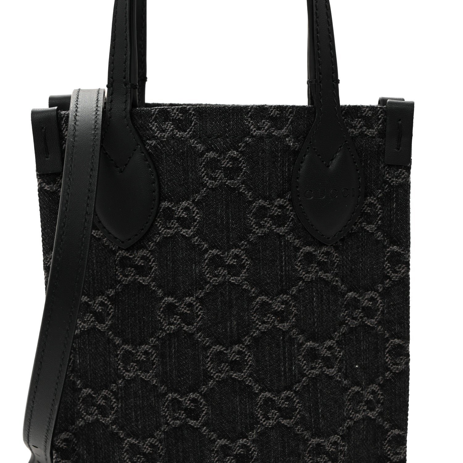Gucci Denim Cuoio Harness GG Monogram Mini Ophidia Tote Bag Black Medium Grey