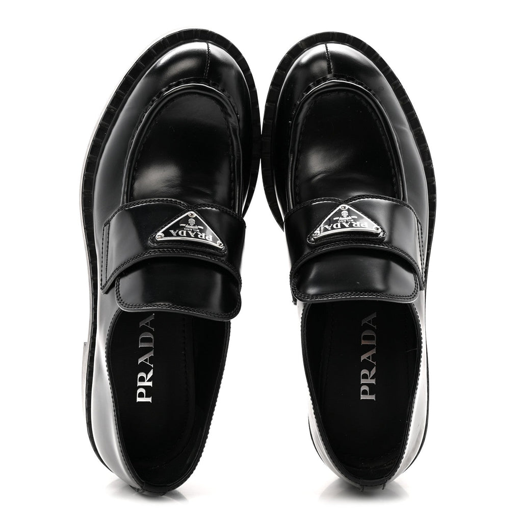 Prada Spazzolato Metal Triangle Logo 50mm Loafers 37.5 Black