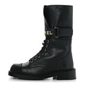 Chanel Shiny Calfskin Grosgrain Lace Up Combat Boots 36.5 Black