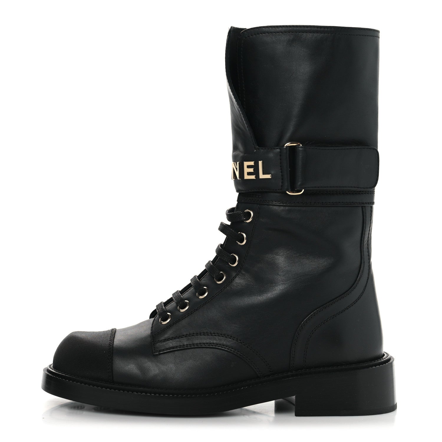 Chanel Shiny Calfskin Grosgrain Lace Up Combat Boots 36.5 Black
