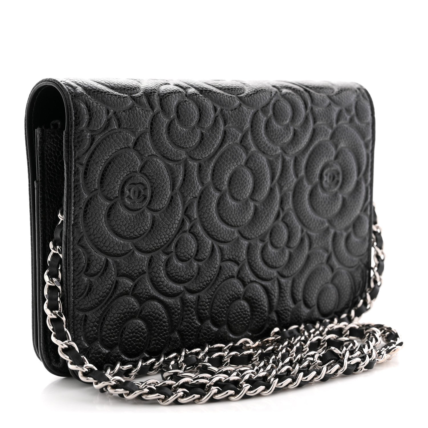 Chanel Caviar Camellia Embossed Wallet On Chain WOC Black