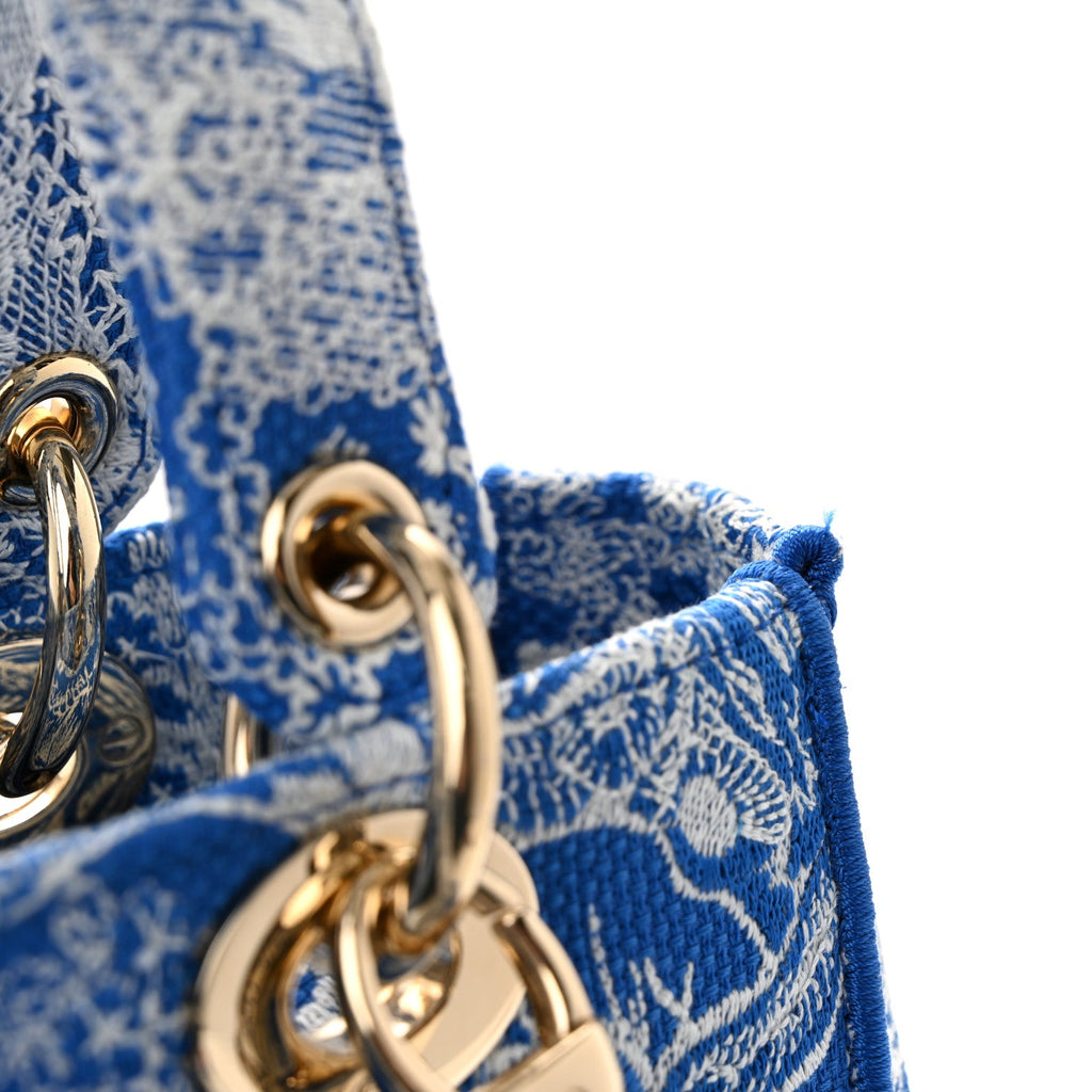 Christian Dior Canvas Toile De Jouy Reverse Embroidered Medium Lady D-Lite Fluorescent Blue