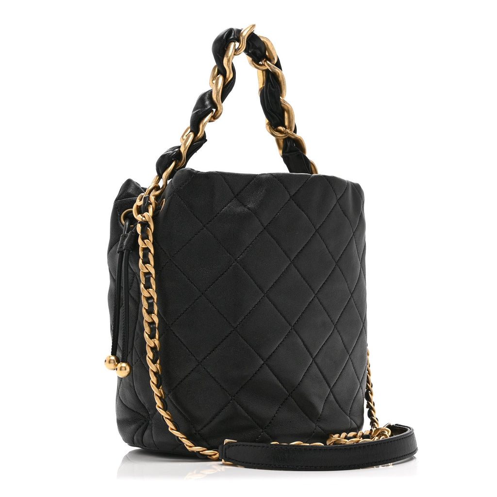 Chanel Shiny Lambskin Quilted Small Chain Is More Drawstring Bag Black