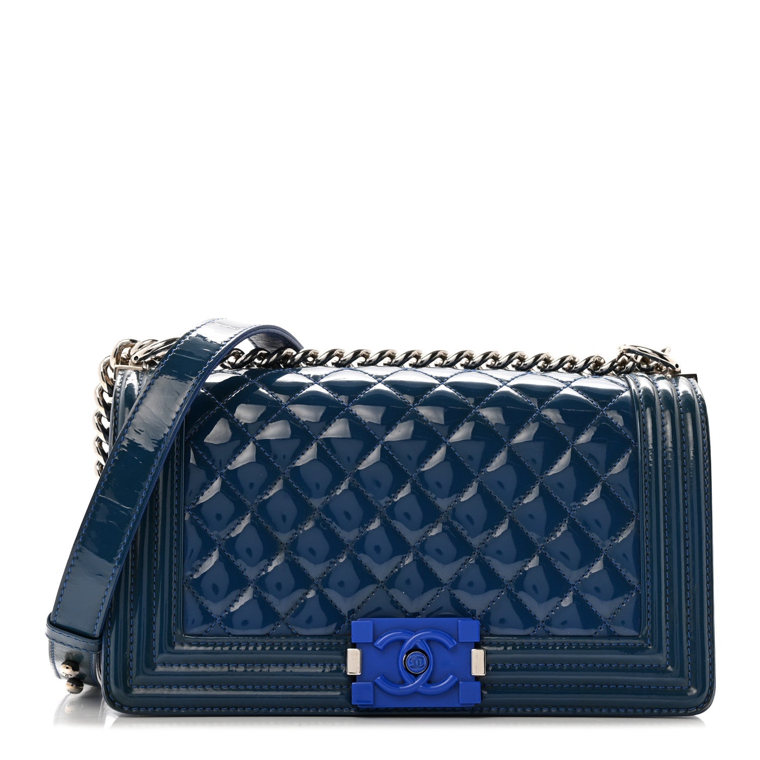 Chanel Patent Calfskin Quilted Medium Plexiglass Boy Flap Blue