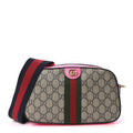 Gucci GG Supreme Monogram Textured Dollar Calfskin Web Ophidia Small Crossbody Bag Beige Ebony Fuchsia
