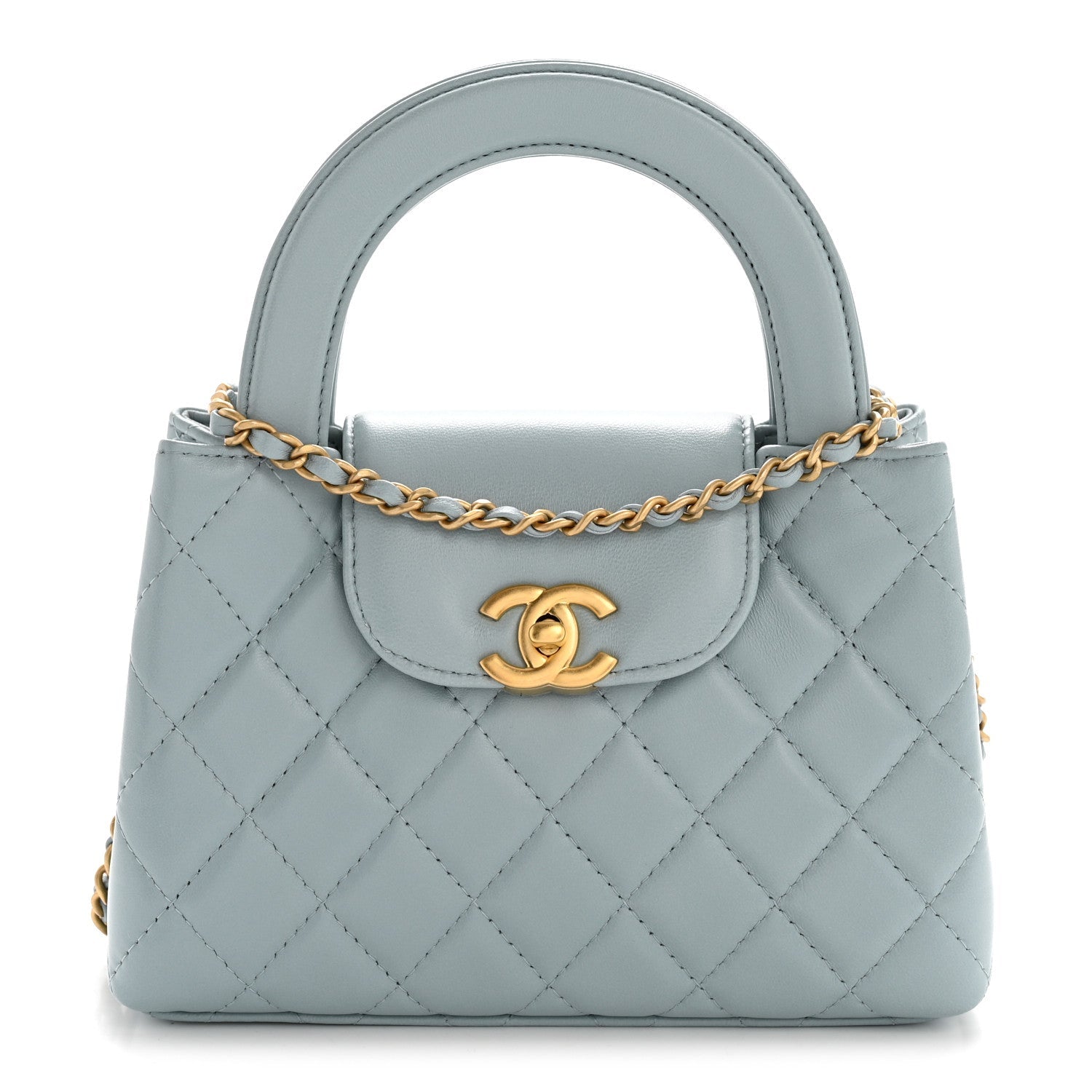 Chanel Shiny Aged Calfskin Quilted Nano Kelly Shopper Light Blue