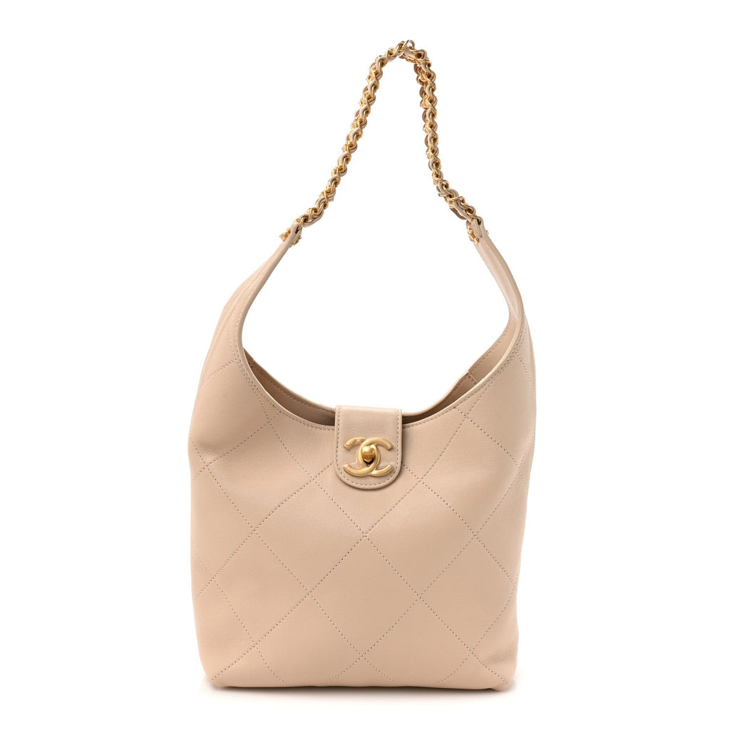 Chanel Shiny Lambskin Quilted Small Hobo Beige