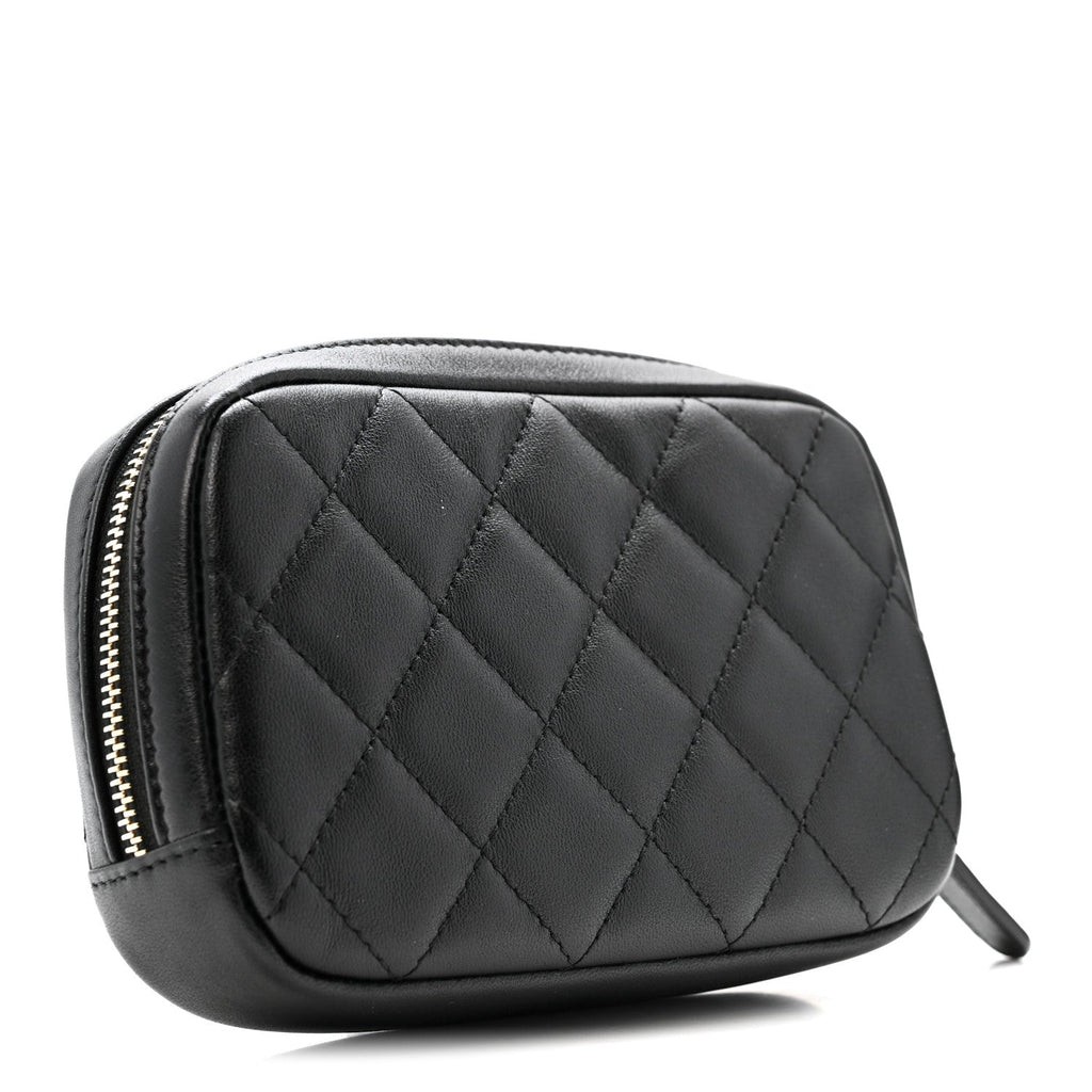 Lambskin Quilted Small Curvy Pouch Cosmetic Case Black