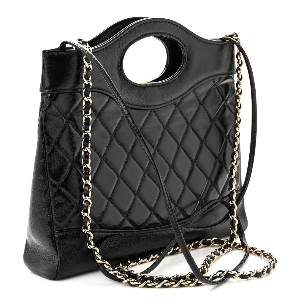 Chanel Shiny Crumpled Calfskin Quilted Mini 31 Shopping Bag Black