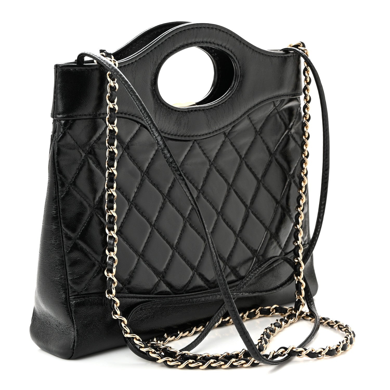 Chanel Shiny Crumpled Calfskin Quilted Mini 31 Shopping Bag Black