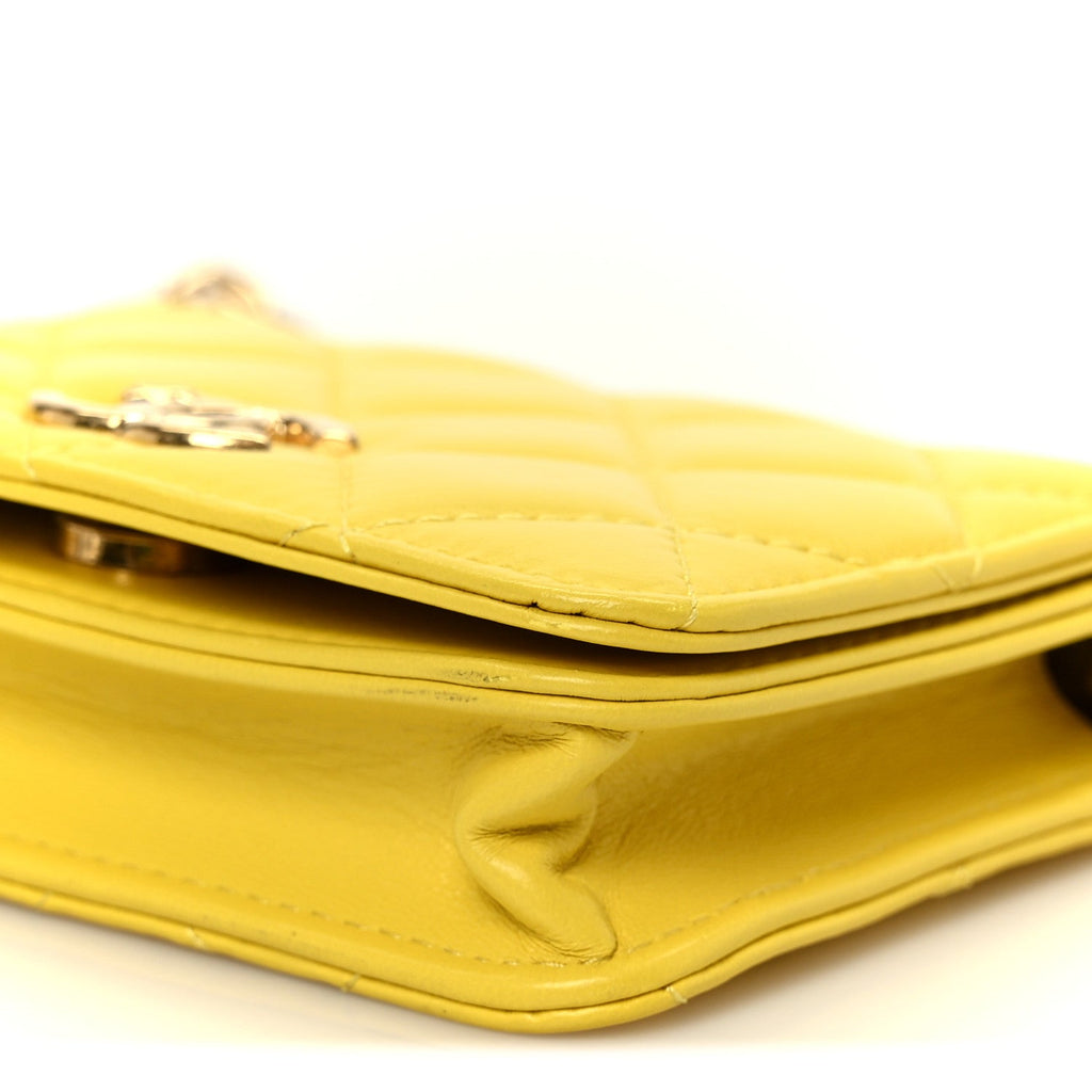 Chanel Lambskin Quilted Enamel Logo Flap Card Holder On Chain Yellow
