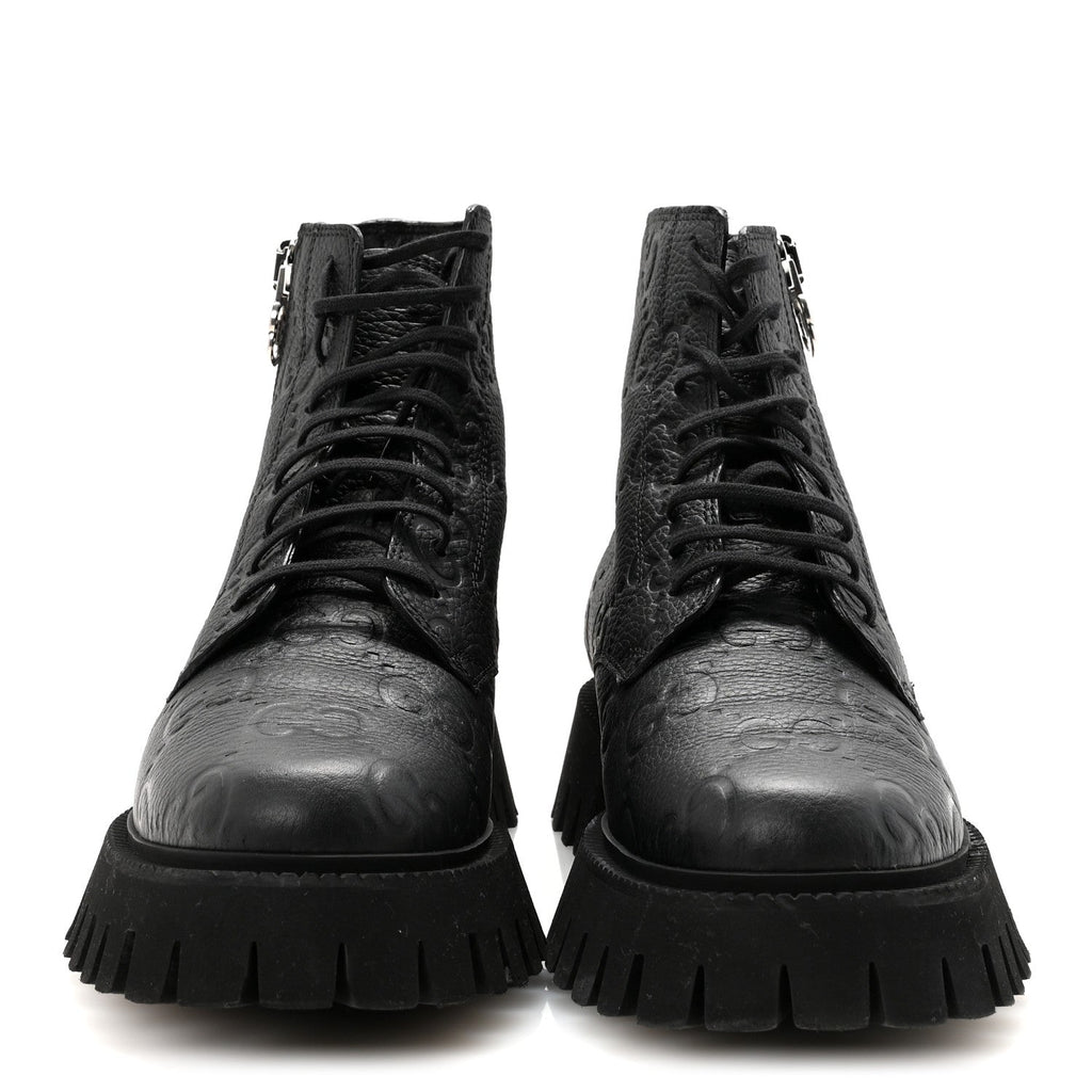 Gucci Calfskin Embossed Monogram Mens Lace Up Ankle Boots 7 Black