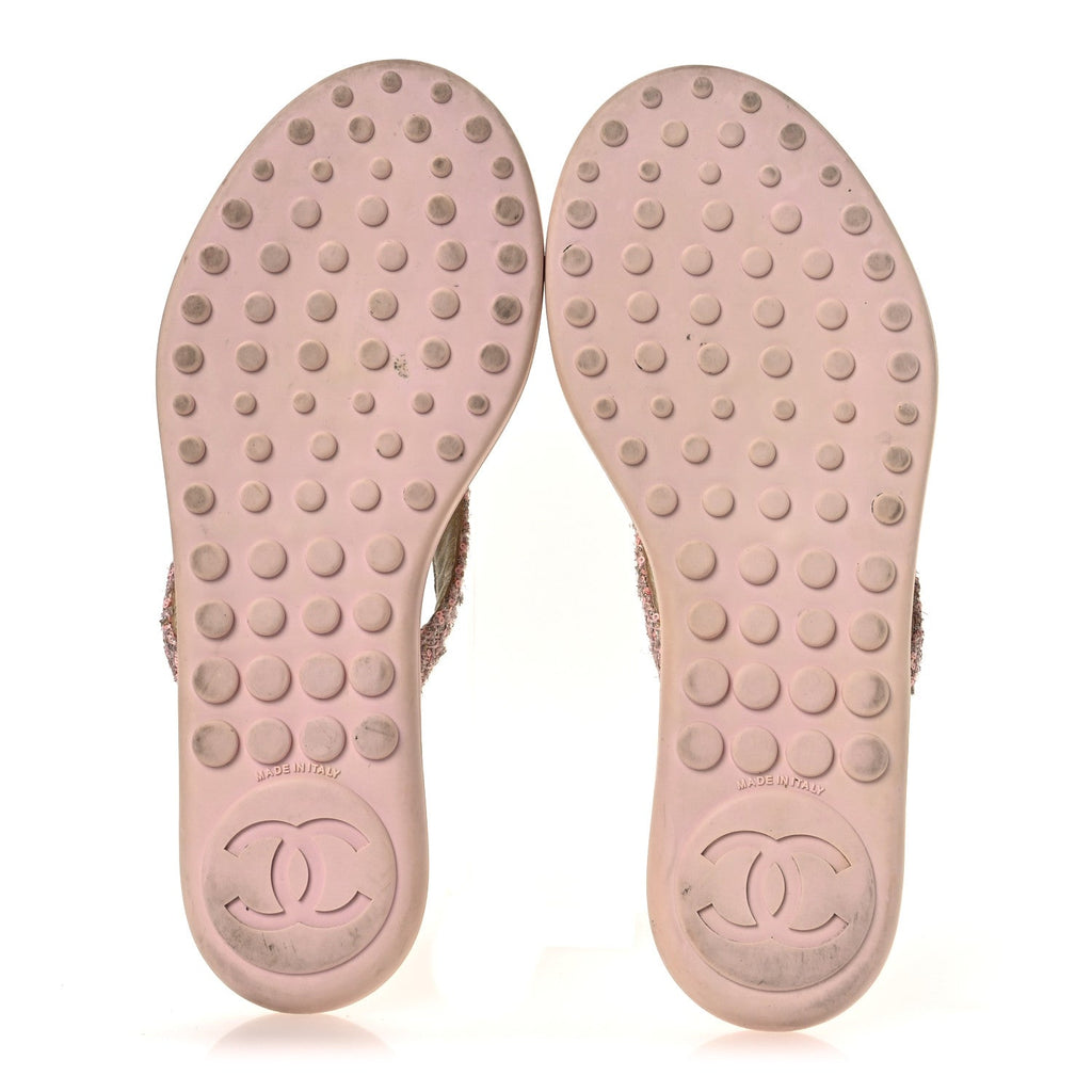 Chanel Tweed Camellia Thong Sandals 37.5 Salmon Apricot Gold