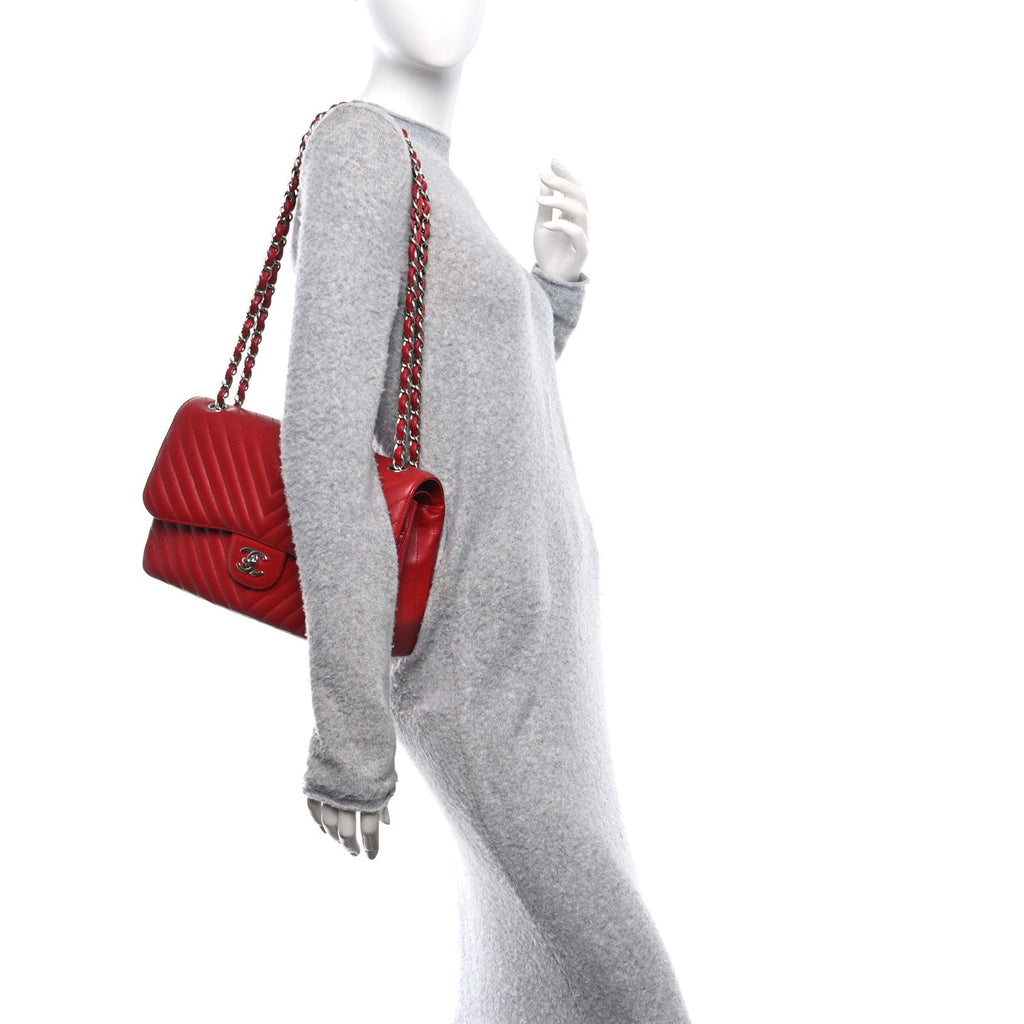 Chanel Caviar Chevron Quilted Jumbo Double Flap Dark Red