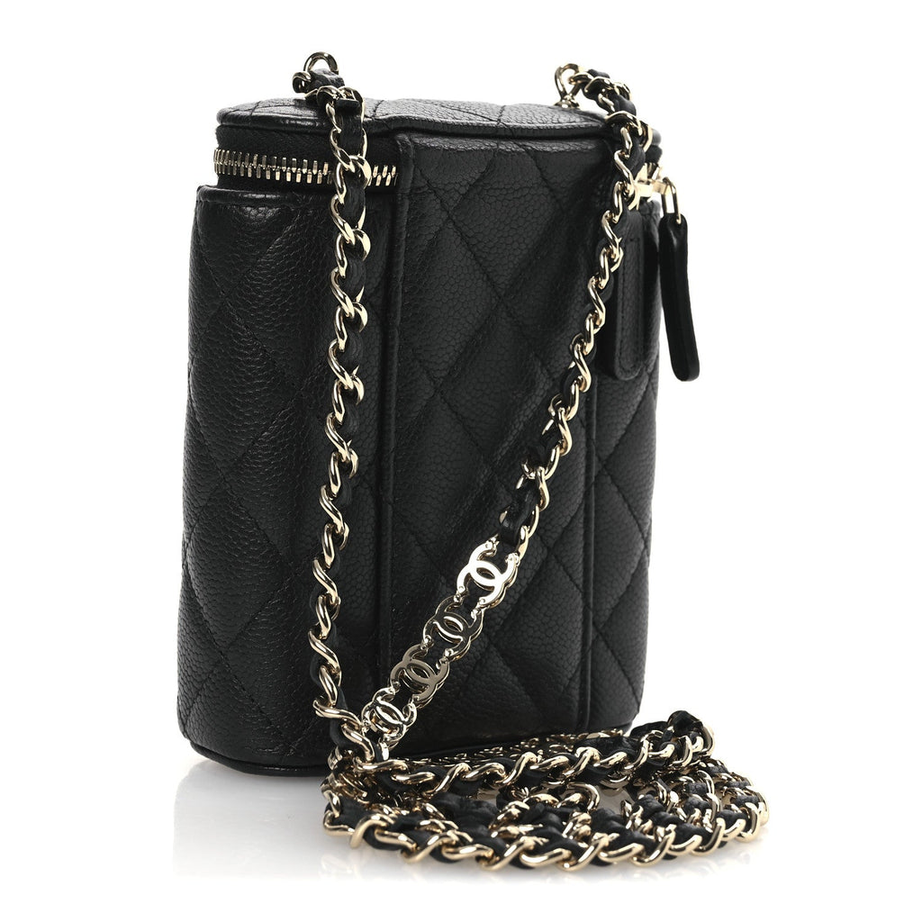 Chanel Caviar Quilted Small Vertical Coco Beauty Vanity Case With Chain Black