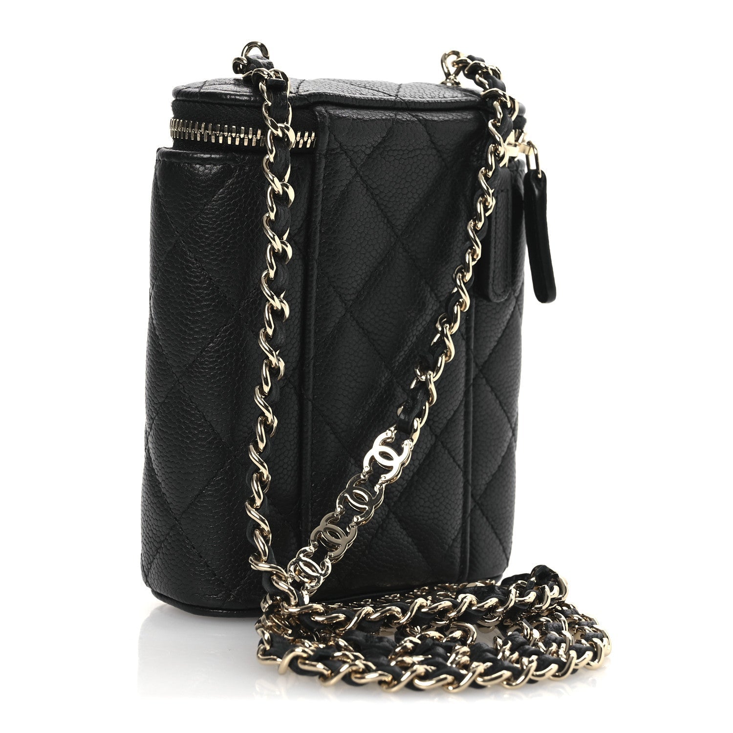 Chanel Caviar Quilted Small Vertical Coco Beauty Vanity Case With Chain Black