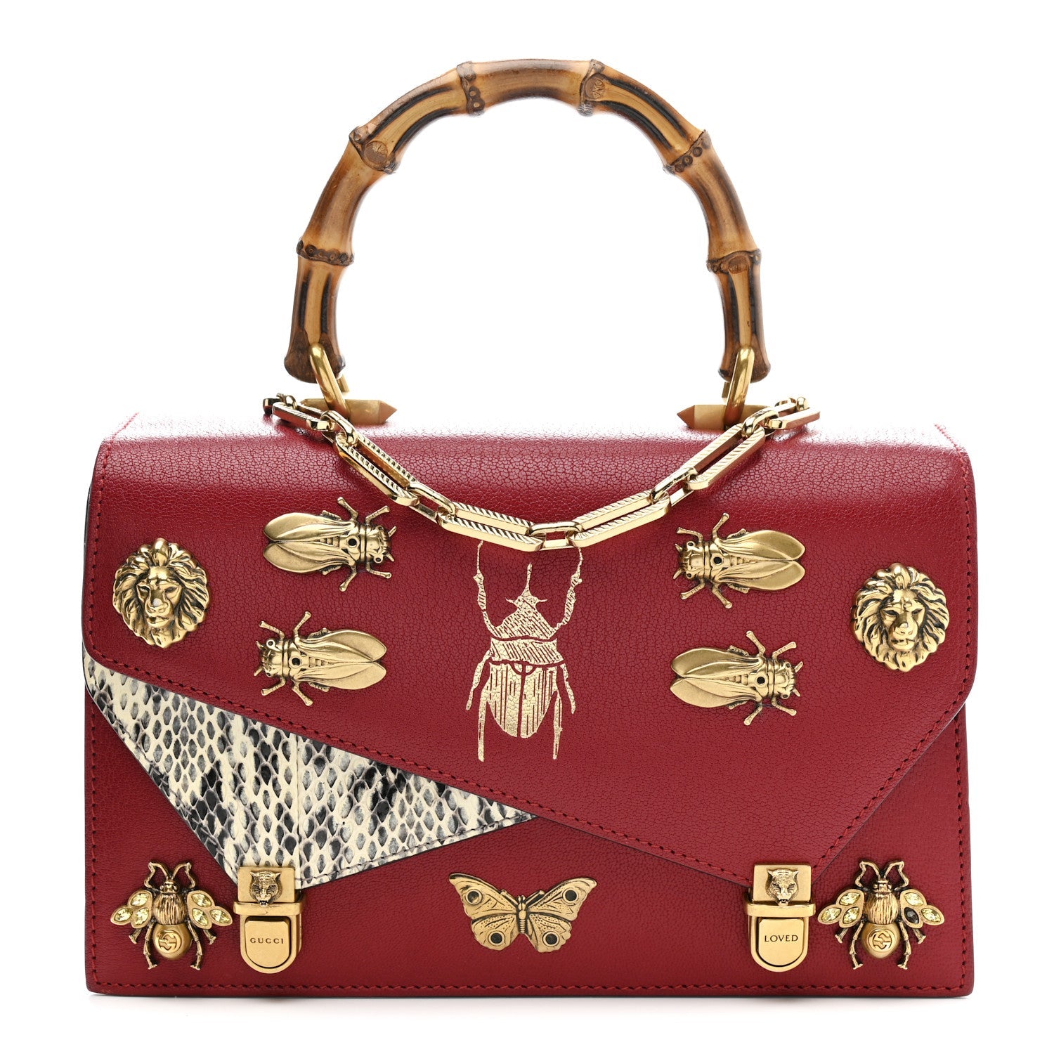 Gucci Calfskin Snakeskin Studded Small Ottilia Top Handle Bag Hibiscus Red