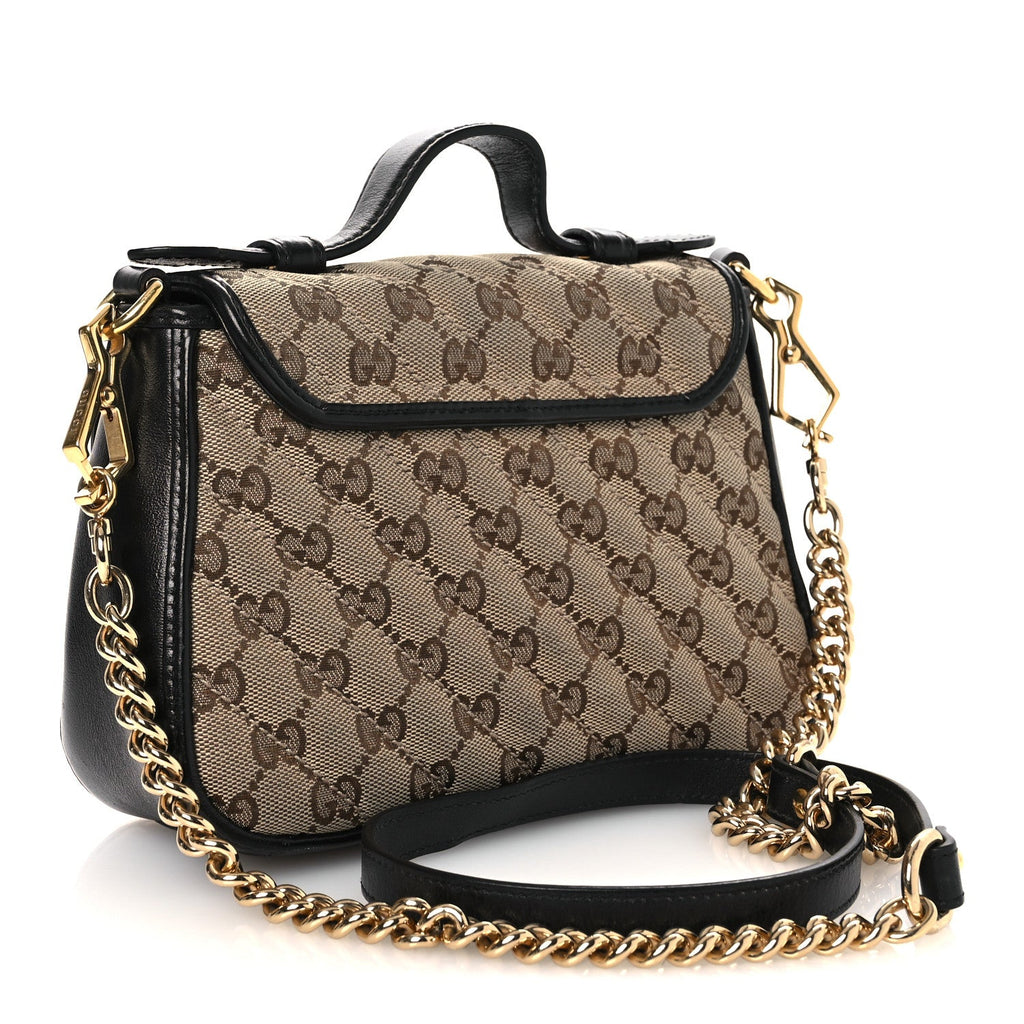 Gucci Monogram Azalea Calfskin Matelasse Diagonal Mini GG Marmont Top Handle Shoulder Bag Beige Ebony Black