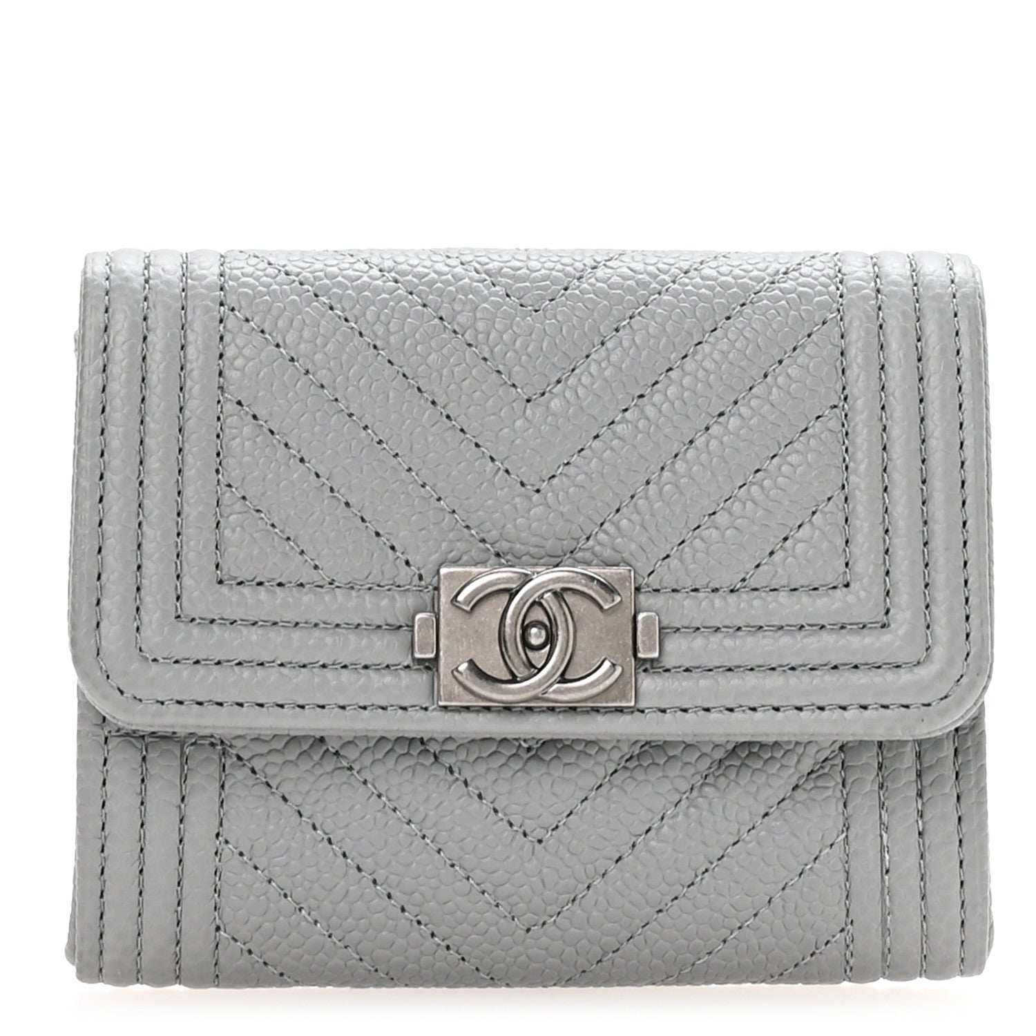 Caviar Chevron Quilted Boy Card Holder Wallet Grey