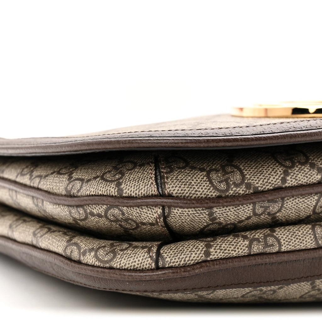 Gucci GG Supreme Monogram Textured Dollar Calfskin Web Medium Blondie Top Handle Shoulder Flap Bag Beige Ebony New Acero
