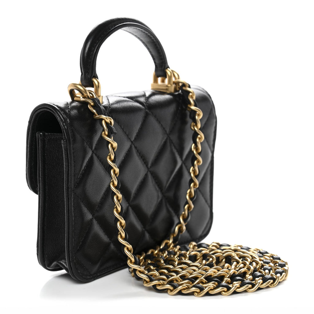 Chanel Lambskin Quilted Top Handle Flap Coin Purse With Chain Black