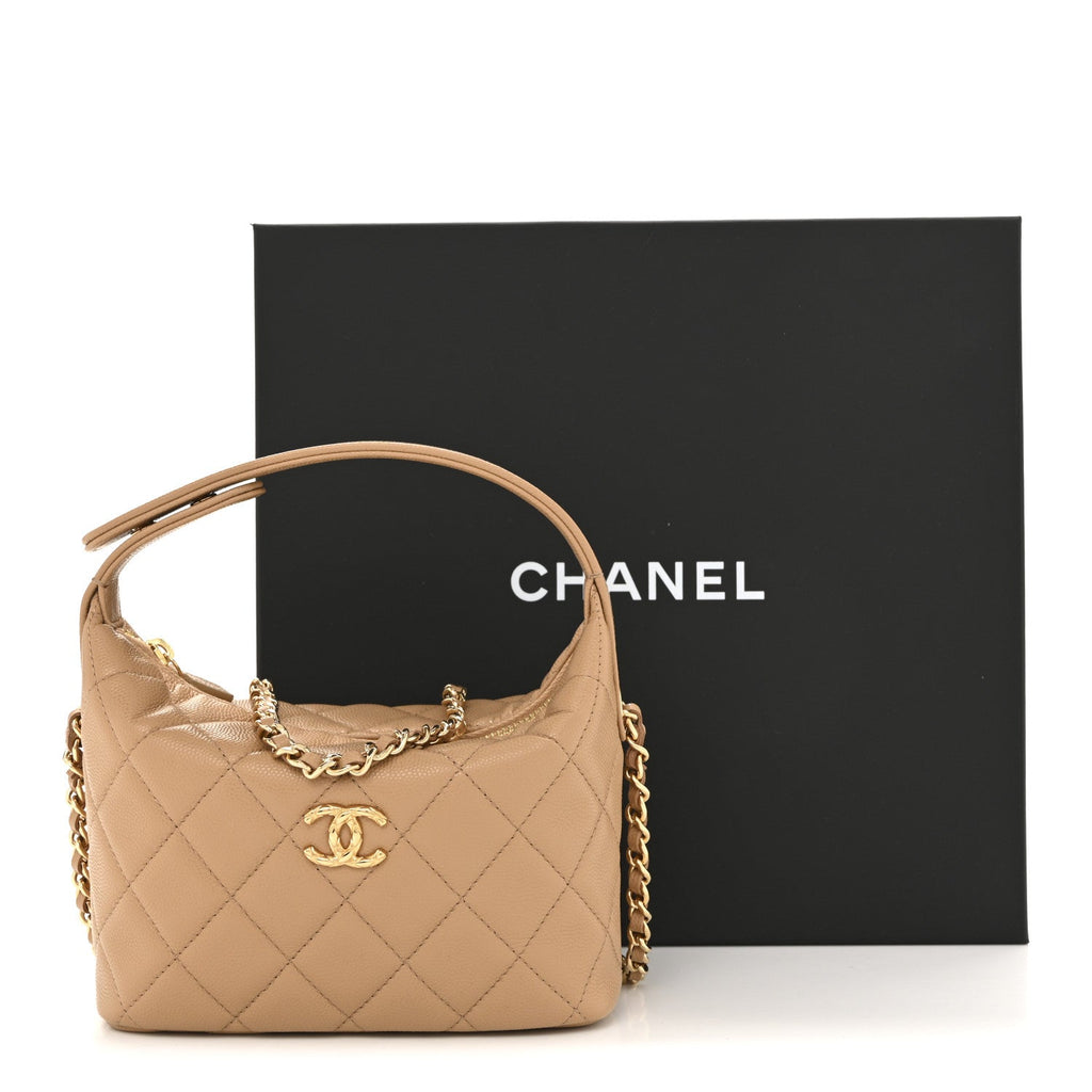 Chanel Shiny Caviar My Cush Hobo Clutch With Chain Beige